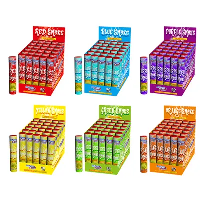 Six colors of smoke tubes shown with their display boxes