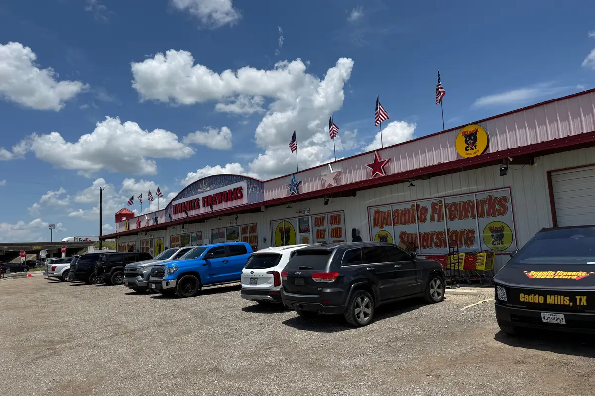 Dynamite Fireworks Superstore on the I-30 frontage road in Caddo Mills, Texas, on a sunny day